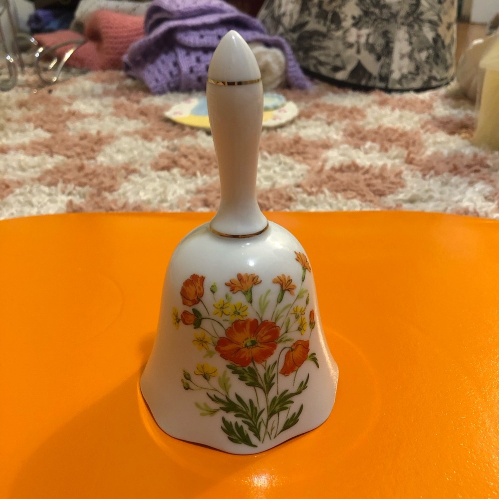 Vintage Floral Porcelain Bell with Gold Trim